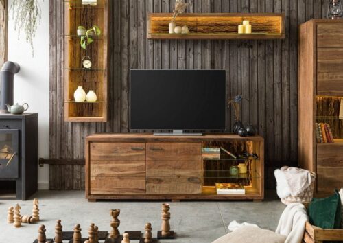 Massivmoebel24 TV-Board »BARK« (175x40x40 Akazie montiert, TV Lowboard aus Massivholz mit echter Baumrinde in rustikalem Stil mit integrierter LED Beleuchtung), strukturierte Oberfläche, used Look, rustikal, sichtbare Hobelschläge, inkl. LED-Beleuchtung, echte Baumrinde, Zinkgriffe, herausnehmbare Glasböden, Kabelführung