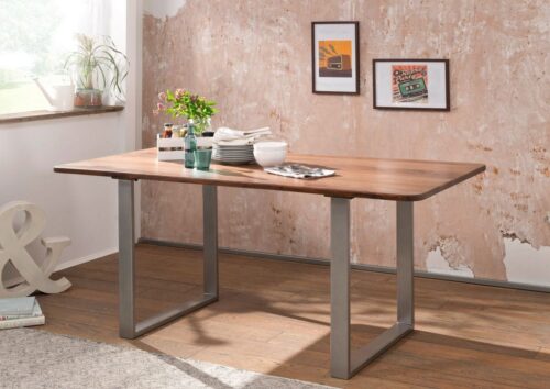 Massivmoebel24 Esstisch »SYDNEY« (Moderner Esstisch mit außergewöhnlichem Eisengestell, Platz für 6 Personen, braun lackiert 160x90x76 Sheesham)