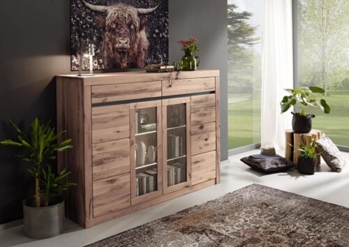 Massivmoebel24 Highboard »MONTREUX« (modernes Highboard aus Massivholz - 170x45x125 - massive Wildeiche / Zerreiche natur - bereits montiert)