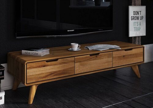 Massivmoebel24 TV-Board »MALMÖ« (Lowboard, Fernsehschrank Massivholz, Retro TV Lowboard Massivholz 134x40x33 - TV Board aus massivem Holz natur Wildeiche - wird aufgebaut geliefert), Retro-Look, Sixty-Style, kugelgelagerte Teleskopschienen