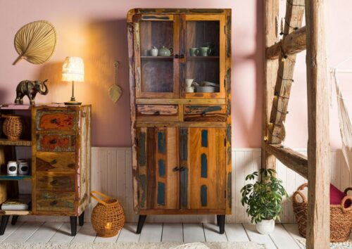 Massivmoebel24 Vitrine »SIXTIES« (Vitrine mit viel Stauraum, inklusive Drehtüren und herausnehmbaren Schubladen, bunt lackiert 90x35x35 Altholz teilmontiert) Retro-Design, 60% recyceltes Altholz, Unikat, Türen mit Magnetverschluss, Schubladen herausnehmbar