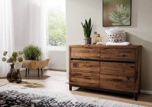 Massivmoebel24 Sideboard »VILLANDERS« (Modernes Massivholz Sideboard inklusive stilvollem Hirnholz-Element, eine Kombination aus Metall und Holz, mit Schubladen und Türen, braun geölt 120x45x85 Wildeiche montiert), Hirnholz-Element, Eisenrahmen Konstruktion, Unikate Rissoberfläche