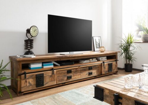 Massivmoebel24 TV-Board »RAILWAY« (260x50x60 Mango montiert, Vollmassives TV-Board mit Used-Optik und Schiebetüren auf einer Eisenschiene im Industrial Stil), used-optik, Metallapplikationen im Vintage Look, authentische Altholz-Optik inkl. Wurmlöcher, Schiebetüren auf Eisenleisten
