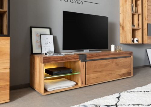 Massivmoebel24 TV-Board »NEW AMSTERDAM« (Modernes Lowboard mit Glasregalboden im offenen Fach und 1 Tür, geradlinige Balkenoptik, natur lackiert 180x48x50 Wildeiche / Zerreiche montiert), Softclose-System für Türen und Schubladen, Einlegeboden 5-fach höhenverstellbar