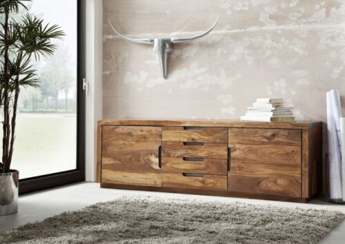 Massivmoebel24 Sideboard »DUKE« (205x50x65 großes niedriges Sideboard aus massivem Holz, dunkelbraunes langes Lowboard aus Sheesham Palisander Massivholz - montiert), stilvolles modernes Design, robust, markante und edle Holzmaserung, geradlinige Verarbeitung