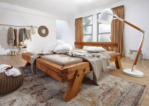 Massivmoebel24 Massivholzbett »BALKENMÖBEL« (140x200 Wildeiche Einzelbett, Bettgestell aus massivem Holz, Holzbett im rustikalen Landhausstil)