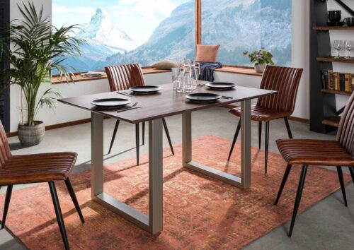 Massivmoebel24 Esstisch »SWISS EDGE« (Moderner Esstisch für 6 Personen, mit außergewöhnlichem Eisengestell, grau lackiert 140x90x76 Akazie)