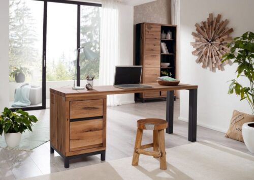 Massivmoebel24 Schreibtisch »VILLANDERS« (Moderner Massivholz Schreibtisch inklusive stilvollem Hirnholz-Element, eine Kombination aus Metall und Holz, mit Schublade und Tür, braun geölt 220x55x76 Wildeiche montiert), Hirnholz-Element,Eisenrahmen Konstruktion,Unikate Rissoberfläche,Soft-Close für Türen und Schubladen,Griffleisten