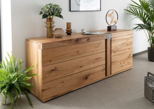 Massivmoebel24 Sideboard »NEW AMSTERDAM« (Modernes Sideboard mit großen Schubladen inklusive Softclose und 1 Tür, natur lackiert 180x45x75 Wildeiche / Zerreiche montiert), Softclose-System für Türen und Schubladen, Einlegeböden 5-fach höhenverstellbar