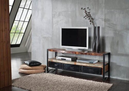 Massivmoebel24 TV-Board »INDUSTRIAL« (TV-Board im Industrial Stil, mit Eisengestell, inklusive Schubladen, bunt lackiert 145x43x60 Altholz montiert), Eisenschubladen mit Nietenverzierungen, Unikat, 60% wiederverwertetes Altholz, used-optik, Einzelstück
