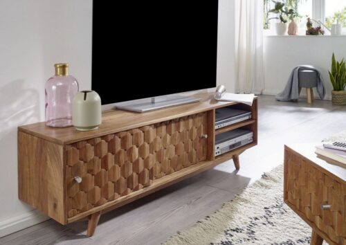 Massivmoebel24 TV-Board »MOSAYK« (TV-Board im Vintage Style, mit Schiebetüren und 2 offenen Fächern inklusive Kabelführung, in natur lackiert 145x35x45 Akazie montiert), Holzmosaik-Muster, Retro-Stil
