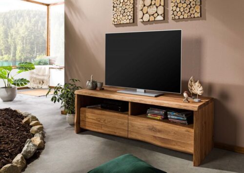 Massivmoebel24 TV-Board »PURE OAK« (TV-Board im modernen Design, aus echter Baumkante, mit Schubladen und offenen Fächern, in natur geölt 151x45x50 Wildeiche montiert), Echte Baumkante, natürliche Astlöcher, Unikat, Teleskopschienen mit Vollauszug, 2 offene Fächer