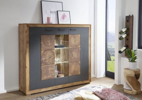 Massivmoebel24 Highboard »TURIN« (Highboard im Vintage Stil, mit 3 Drehtüren, 1 davon verglast, Glas- und Holzböden, inklusive dekorativem Hirnholzelement, braun gebeizt 150x40x135 Sheesham montiert)