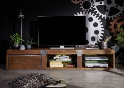 Massivmoebel24 TV-Board »AMSTERDAM« (205x48x39 Mango montiert TV Lowboard TV-Bank braun massiv für Wohnzimmer), Metallelemente, Used-Look, Glaseinsätze, eckig, echte Balken, sandgestrahlte Oberfläche