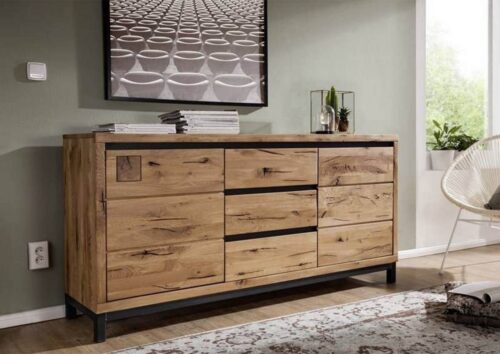 Massivmoebel24 Sideboard »VILLANDERS« (Modernes Massivholz Sideboard inklusive stilvollem Hirnholz-Element, eine Kombination aus Metall und Holz, mit Schubladen und Türen, natur geölt 175x45x85 Wildeiche montiert), Einlegeböden variabel 3-Fach höhenverstellbar, Hirnholz-Element, Soft-Close für Türen und Schubladen, Griffleisten, Eisenrahmen Konstruktion, Unikate Rissoberfläche