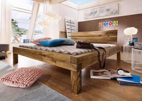 Massivmoebel24 Massivholzbett »JANGALI« (Bett aus robustem Massivholz, massives Holzbett Bettgestell, Modernes Balkenbett mit zweigeteiltem Kopfteil in natur geölt 140x200 Wildeiche)