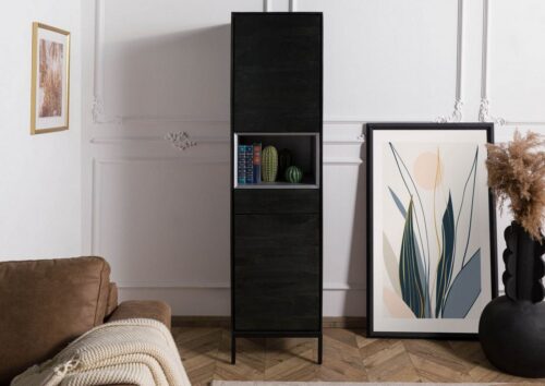 Massivmoebel24 Highboard »CHICAGO« (45x45x175 Mango montiert, Schrank dunkel aus Mangoholz, Wohnzimmerschrank mit 2 Türen, 1 Schublade, 1 offenes Fach silber, Stahlgestell schwarz)