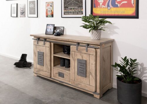 Massivmoebel24 Sideboard »RAILWAY« (Stilvolles Sideboard im Industrial Stil, inklusive 2 trendigen Schiebetüren auf Eisenführung, braun lackiert 128x45x70 Mango montiert), used-optik, Metallapplikationen im Vintage Look, authentische Altholz-Optik inkl. Wurmlöcher, Schiebetüren auf Eisenleisten