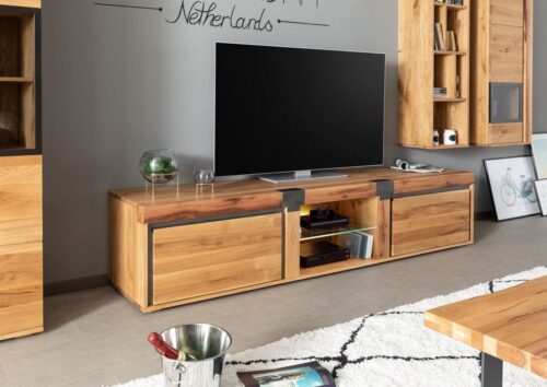 Massivmoebel24 TV-Board »NEW AMSTERDAM« (Modernes TV-Board mit Glasregalboden im offenen Fach und zwei Schubladen, geradlinige Balkenoptik, natur lackiert 220x48x50 Wildeiche / Zerreiche montiert), Softclose-System für Türen und Schubladen, Einlegeboden 5-fach höhenverstellbar