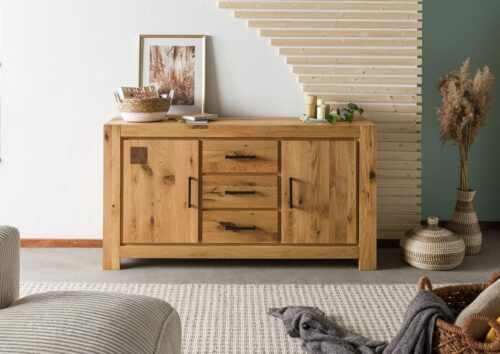 Massivmoebel24 Sideboard »GLASGOW« (160x45x45 Wildeiche montiert), Natürliche Risse, Maserung, Astlöcher, 3-fach höhenverstellbare Einlegeböden, Soft-Close, Hirnholzelement, Unterflurführung mit Teilauszug