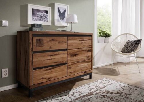 Massivmoebel24 Sideboard »VILLANDERS« (Modernes Massivholz Sideboard inklusive stilvollem Hirnholz-Element, eine Kombination aus Metall und Holz, mit Schubladen und Türen, braun geölt 120x45x85 Wildeiche montiert), Hirnholz-Element, Eisenrahmen Konstruktion, Unikate Rissoberfläche