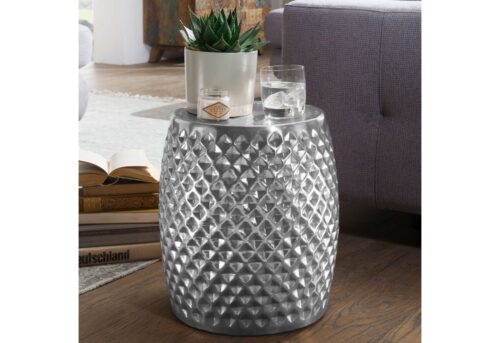 Wohnling Beistelltisch »Beistelltisch 32x42x32 cm Aluminium Anstelltisch Silber Orientalisch Rund Flacher Hammerschlag Sofatisch Metall Design Wohnzimmertisch Modern Ablagetisch Indisch Telefontisch«