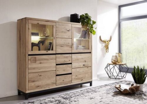 Massivmoebel24 Highboard »VILLANDERS« (Modernes Massivholz Highboard inklusive stilvollem Hirnholz-Element, eine Kombination aus Metall und Holz, mit Türen inklusive Glaseinsatz und Schubladen, beige geölt 166x40x148 Wildeiche montiert)