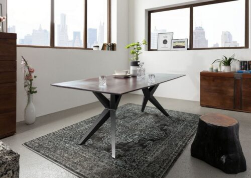 Massivmoebel24 Esstisch »SWISS EDGE« (Moderner Esstisch für 6 Personen, mit außergewöhnlichem Eisengestell, grau lackiert 160x90x76 Akazie)