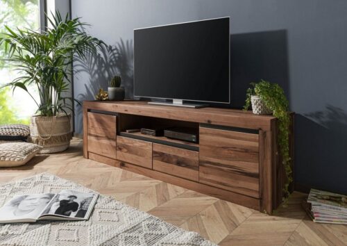 Massivmoebel24 TV-Board »MONTREUX« (Lowboard, Fernsehschrank Massivholz, modernes Massivholz TV-Board lang - 185x45x45 - massives Echtholz aus Wildeiche / Zerreiche), Softclose für Türen und Schubladen, starke Rissoptik, 3-fach höhenverstellbare Einlegeböden, Kabelführung