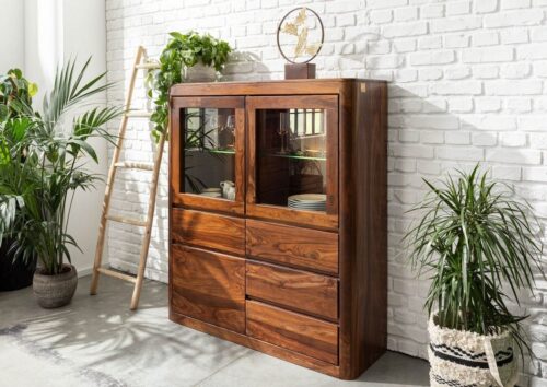 Massivmoebel24 Highboard »TORONTO« (128x40x145 Sheesham / Akazie montiert, Highboard aus Echtholz mit abgerundeten Kanten im modernen Stil Massiv)