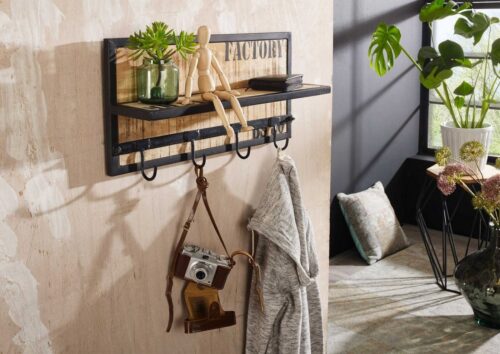 Massivmoebel24 Wandgarderobe »FACTORY« (61x14x31 Mango montiert, Wandgarderobe aus Mangoholz im Industrial-Stil, bedruckt), Industrial-Stil,Industrie-Optik,Vintage,bedruckt