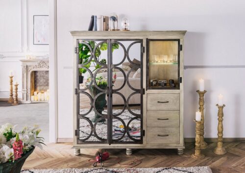 Massivmoebel24 Highboard »HERMITAGE« (150x45x45 ausgefallenes Massivholz Highboard, verspiegelte Hausbar aus massivem Mango Holz mit Eisenverzierungen - bereits montiert)