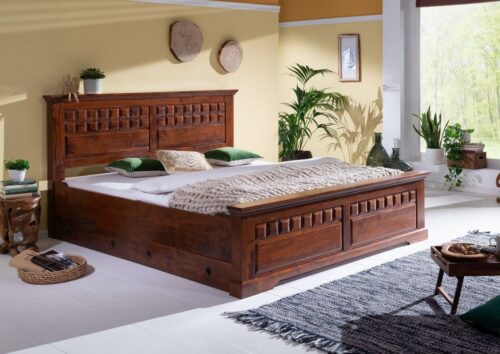 Massivmoebel24 Massivholzbett »OXFORD« (Bett aus robustem Massivholz, massives Holzbett Bettgestell, 200x200 Akazie, Bett aus Akazienholz Massiv inklusive Schubladen im Landhausstil), hochwertiges Edelholz, authentische Holzadern, aufwendige Schnitzereien und Verzierungen