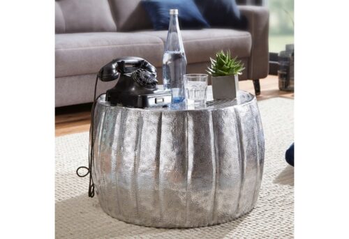 Wohnling Beistelltisch »Couchtisch 60x36x60 cm Aluminium Silber Beistelltisch orientalisch rund Flacher Sofatisch Metall Design Wohnzimmertisch modern Loungetisch Stubentisch klein«