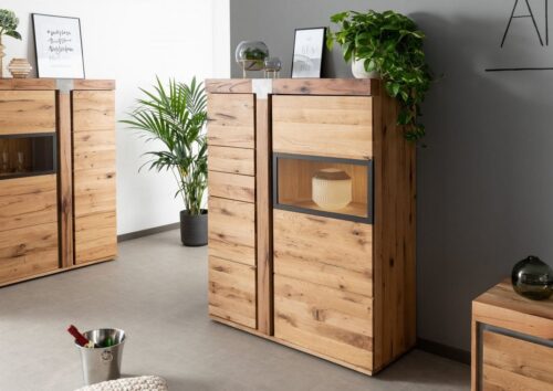 Massivmoebel24 Highboard »NEW AMSTERDAM« (Modernes Highboard mit Schubladen und Tür mit Glaseinsatz, in geradliniger Balkenoptik, natur geölt 110x45x142 Wildeiche / Zerreiche montiert)