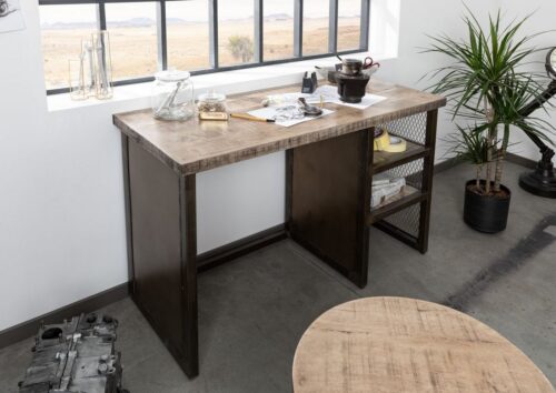 Massivmoebel24 Schreibtisch »HEAVY INDUSTRY« (Schreibtisch im stylischen Loft Stil, Zusammenspiel aus Metall und Holz, in braun lackiert 122x52x76 Mango montiert), modern,Echtholz,Industrie-Optik,ausgefallenes Industriedesign,struckturierte Holzoberfläche,auffälliges Holzbild,Metallgestell,