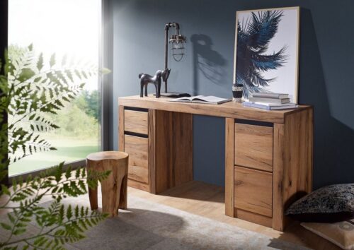 Massivmoebel24 Schreibtisch »MONTREUX« (moderner Schreibtisch aus massivem Holz - 150x50x75 - Massivholz Wildeiche / Zerreiche - teilmontiert), Softclose für Türen und Schubladen,herausnehmbare Einlegeböden 3-fach höhenverstellbar,starke Rissoptik