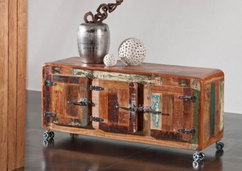 Massivmoebel24 Sideboard »FREEZY« (126x40x56 Altholz montiert, Außergewöhnliches Lowboard auf Rollen, aus recyceltem Altholz), auf Rollen
