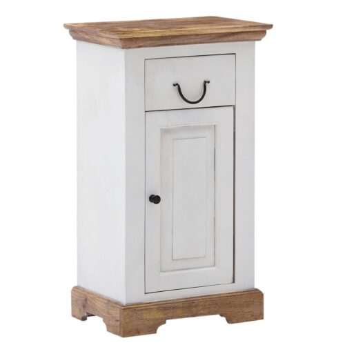 Wohnling Midischrank »WL6.644« Badezimmerschrank Mango Massivholz Weiß 47x80x32 cm Badschrank Stehend Badregal Schmal mit Schublade und Tür Kleiner Mehrzweckschrank Badezimmer
