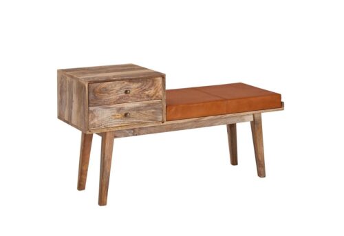 Wohnling Sitzbank »WL6.486«, Ziegenleder / Massivholz Bank 120x65x40 cm im Retro Stil Flur Polsterbank mit Stauraum Gepolsterte Lederbank Aufbewahrung Braun Kleine Bettbank Flurbank