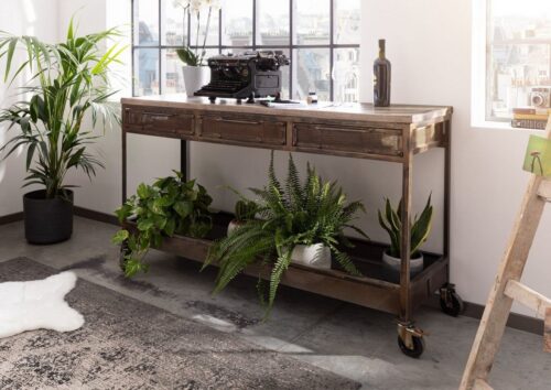 Massivmoebel24 Konsolentisch »HEAVY INDUSTRY« (Extravaganter Konsolentisch auf fahrbaren Rollen, inklusive Schubladen, im Industrial Stil, braun lackiert 150x45x90 Mango montiert), Rollen,Eisenrahmen,Industrial-Stil,Industrie-Optik,Vintage-Look,used-optik,Metallapplikationen im Vintage Look,authentische Altholz-Optik,