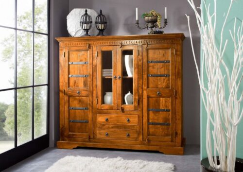 Massivmoebel24 Highboard »OXFORD« (Massives Highboard mit Türen, teilweise inklusive Glaseinsatz und Schubladen, schöne Verzierungen im Holz 160x50x142 Akazie montiert), hochwertiges Edelholz, authentische Holzadern, aufwendige Schnitzereien und Verzierungen