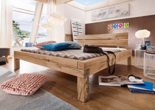 Massivmoebel24 Massivholzbett »JANGALI« (Bett aus robustem Massivholz, massives Holzbett Bettgestell, Modernes Balkenbett mit zweigeteiltem Kopfteil, inklusive 2 großen Schubladen für viel Stauraum, natur geölt 200x200 Wildeiche)