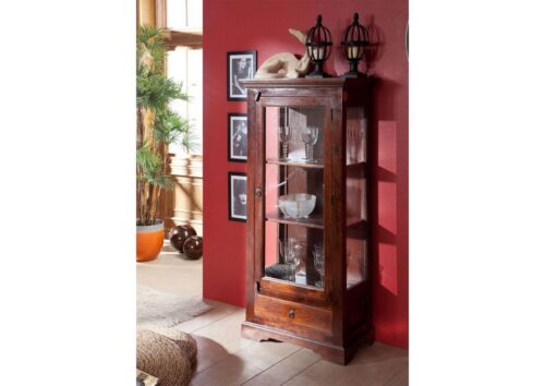 Massivmoebel24 Vitrine »OXFORD« (72x40x155 Akazie montiert) hochwertiges Edelholz, authentische Holzadern, aufwendige Schnitzereien und Verzierungen, detailreich und stilvoll