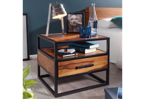 Wohnling Beistelltisch »Nachtkonsole 50 x 45 x 45 cm WL5.624 Sheesham Holz Metall Schwarz Nachttisch Nachtkästchen mit Schublade Industrial Design Industrie Nachtkommode Bett Nachtschrank Nachtkasten Braun«