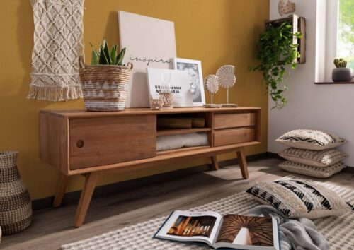 Massivmoebel24 TV-Board »BUTON« (160x45x60 Teak montiert, massives TV-Board aus recyceltem Teakholz mit Schiebetür im Boho Stil), herausnehmbare Einlegeböden, Schiebetür