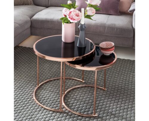 Wohnling Beistelltisch »Design 2er Set Satztisch ø 42 cm / 45 cm Metall Glas Schwarz / Kupfer Couchtisch verspiegelt Wohnzimmertisch modern Glastisch Beistelltisch rund«