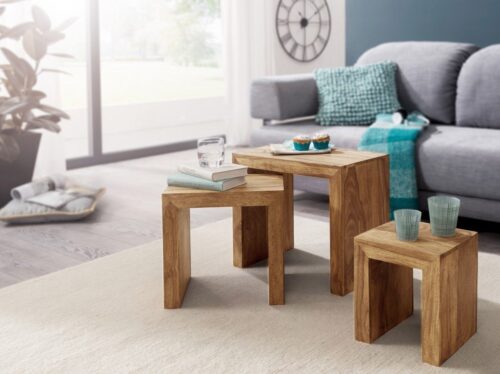Wohnling Couchtisch »3er Set Satztisch MUMBAI Massiv-Holz Akazie Wohnzimmer-Tisch Landhaus-Stil Beistelltisch dunkel-braun Naturholz«
