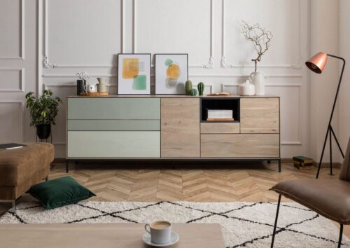 Massivmoebel24 Sideboard »CHICAGO« (240x45x85 Akazie montiert, Sideboard aus Akazienholz mit Push-To-Open Technik), Schubladen mit Glasfront, Push-To-Open Technik