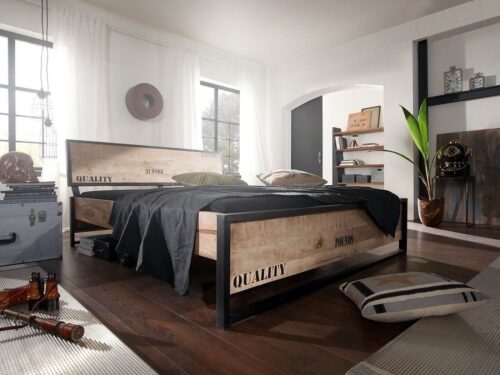 Massivmoebel24 Massivholzbett »FACTORY« (140x200 Mango, Massivholzbett aus Mangoholz im Industrial-Stil, bedruckt)